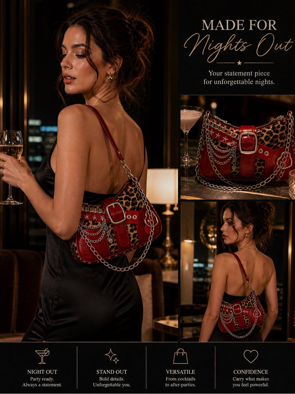 Leopard Print Shoulder Bag Red Trim Chain Accent Y2K Baguette Purse - Picture 6 of 7